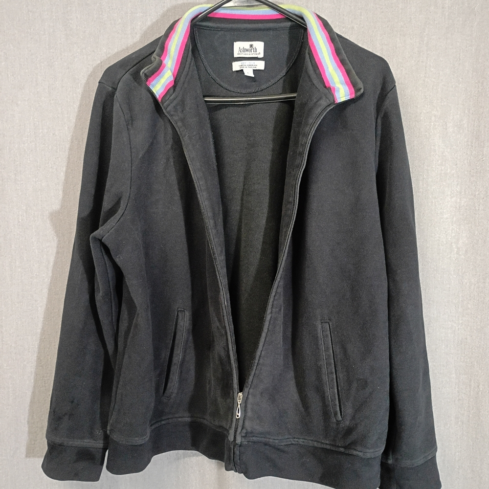 Ashworth Black Zipper Front Jacket w/Colorful Striped Collar Size L